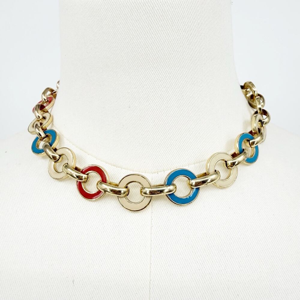 Gold Tone Enamel Circle Link Necklace Red Blue Cream Adjustable Statement Retro